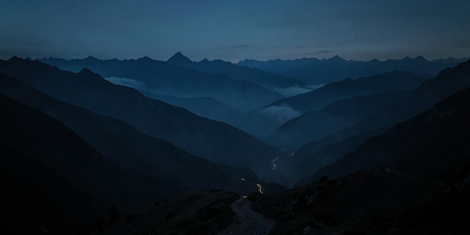 A faint path winding through layered mountain ridgelines at blue hour.