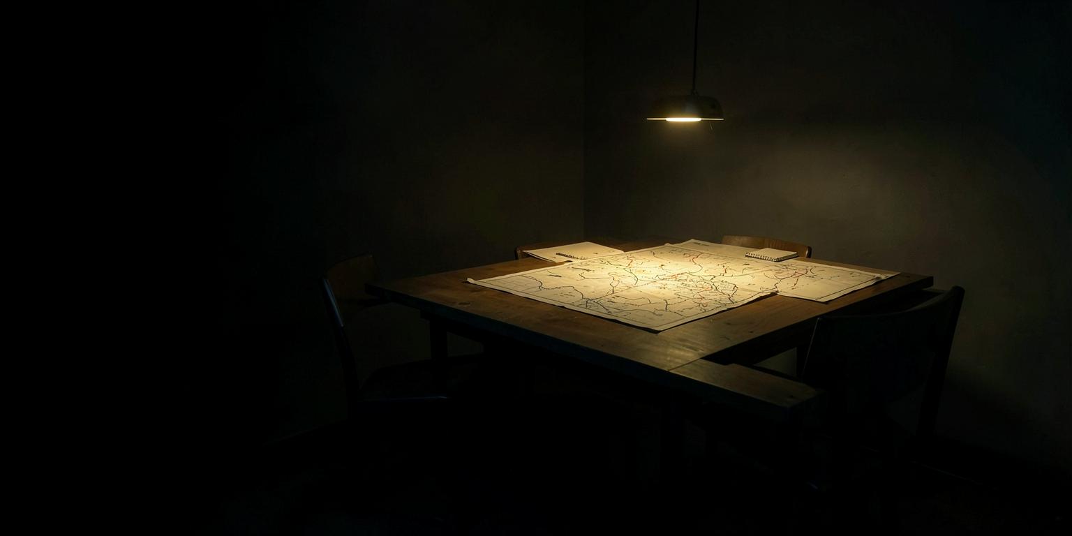 A single lamp over a table of layered maps in a dark private room.