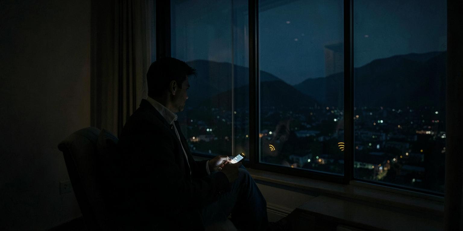 A person seated at a dark window at night, a phone in hand emitting a quiet signal.