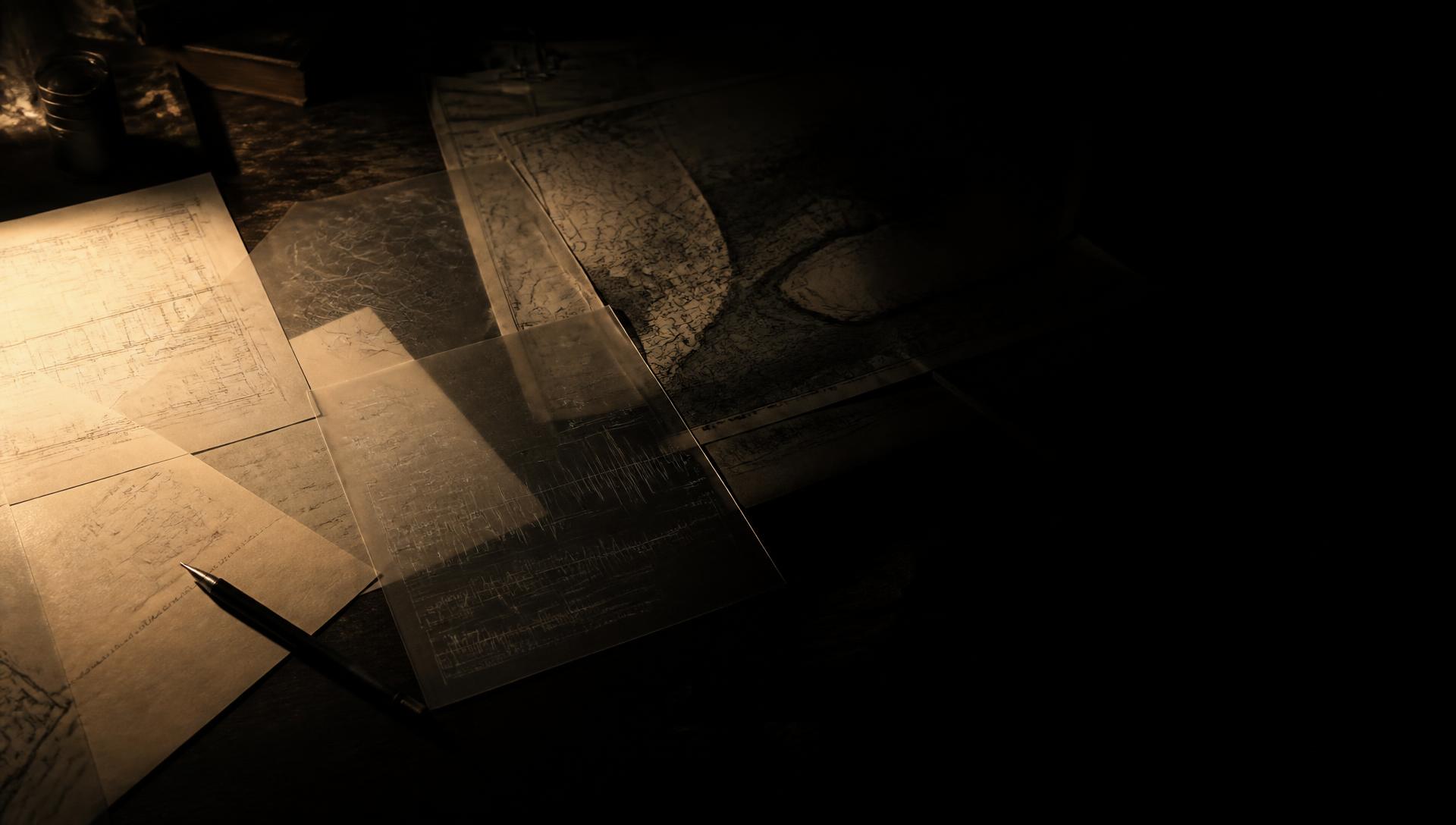 Blueprints, observation notes, maps, and transparent overlays fading into darkness.