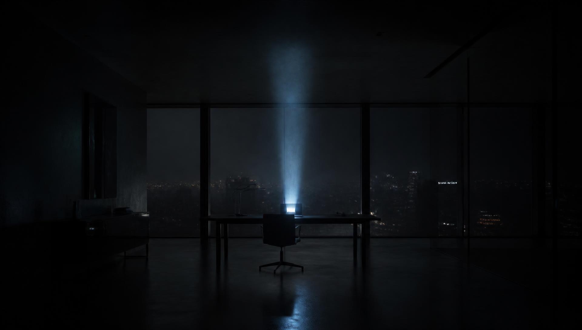 An empty workspace at night with a single illuminated device projecting light into the air.