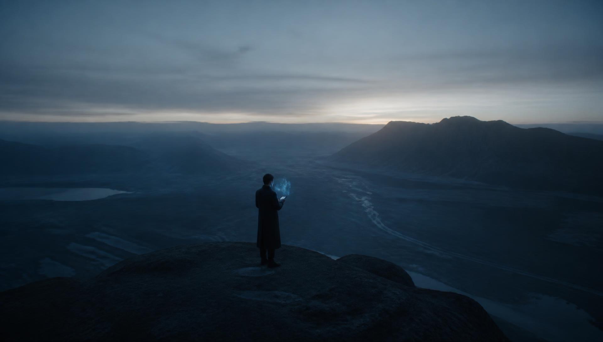 A lone observer above a vast valley at dawn, a faint signal projected above a phone.