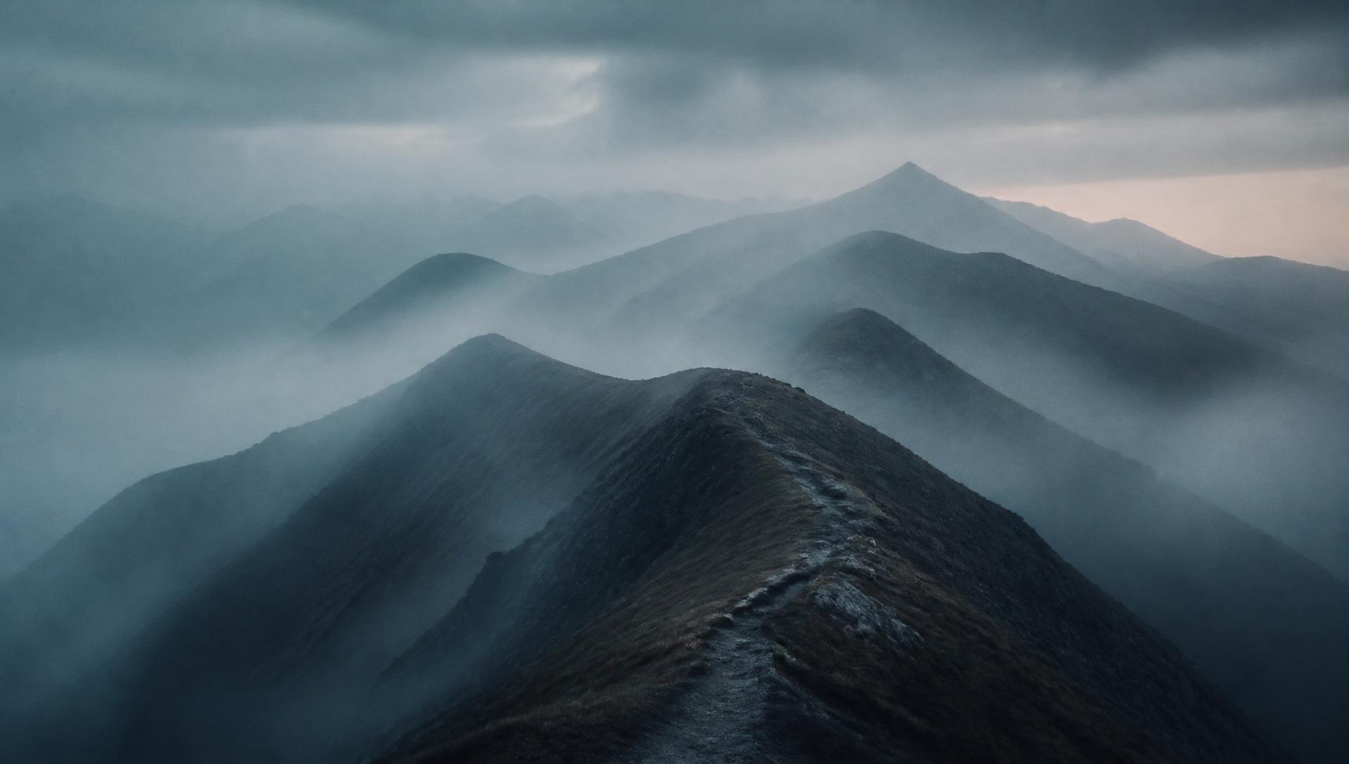 Mountain ridgelines disappearing into morning fog with a faint path beyond the horizon.
