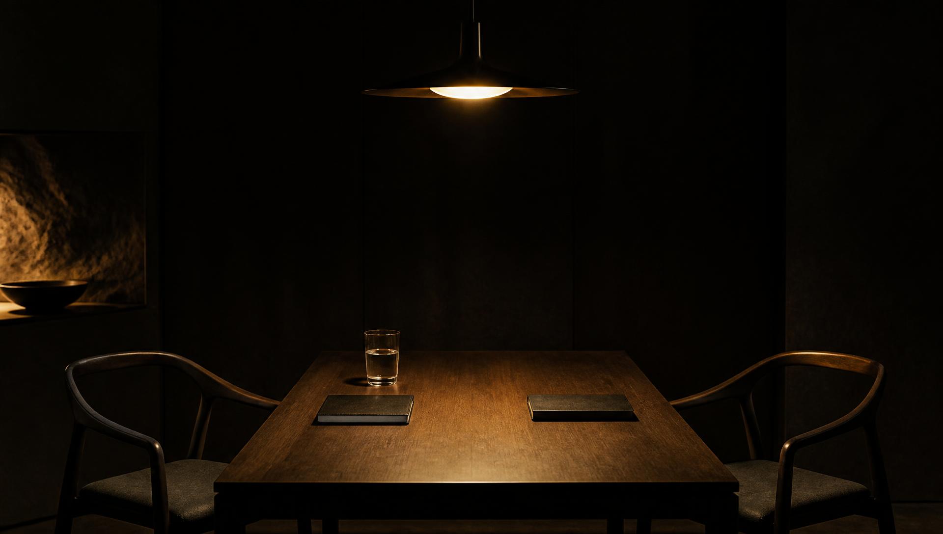A quiet table prepared for an important conversation: two chairs, warm light, empty notebooks.