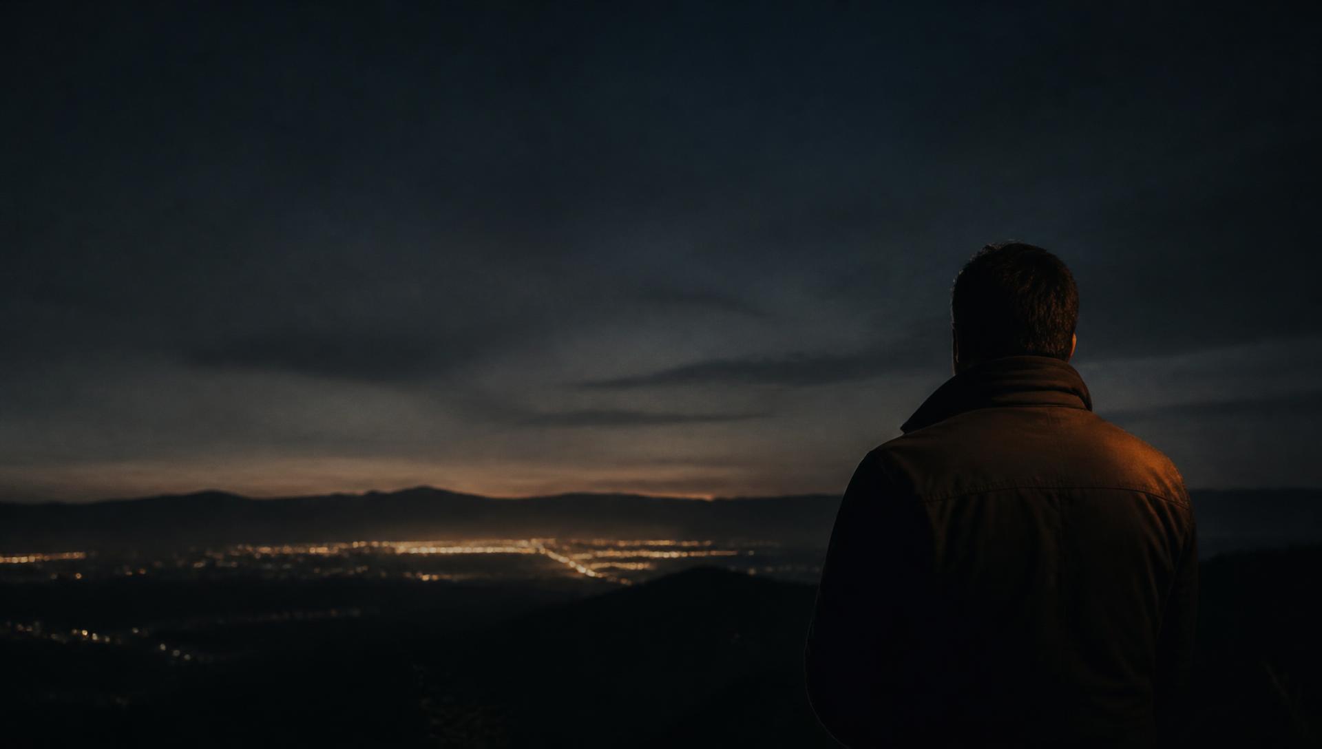A lone figure standing in quiet observation above a wide valley at blue hour.
