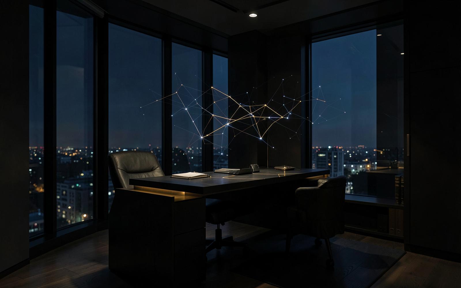 A dark private study at night overlooking a city horizon, with a subtle constellation of connected signals